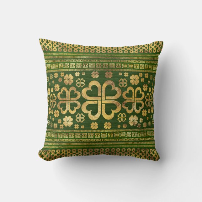 Shamrock Four-leaf Clover Green Wood en Gold Kussen (Voorkant)