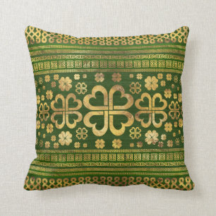 Shamrock Four-leaf Clover Green Wood en Gold Kussen