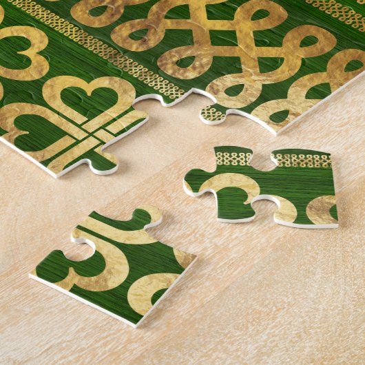 Shamrock Four-leaf Clover Green Wood en Gold Legpuzzel (Zijkant)