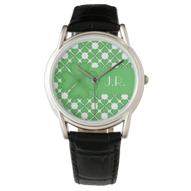 Shamrock Four leaf Clover Hearts Patroon Customiza Horloge (Voorkant)