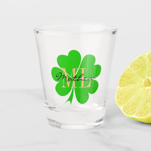 Shamrock Glas, Iers Lucky Clover, monogram Shot Glas (Voorkant)
