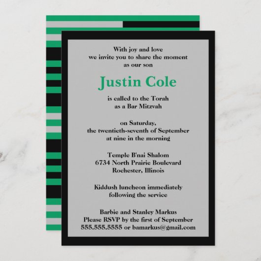 Shamrock Green Silver Stripes op Black Bar Mitswa Kaart (Voorkant / Achterkant)