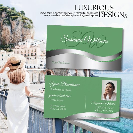 Shamrock Green Wavy Silver Decor Initialen Foto Visitekaartje