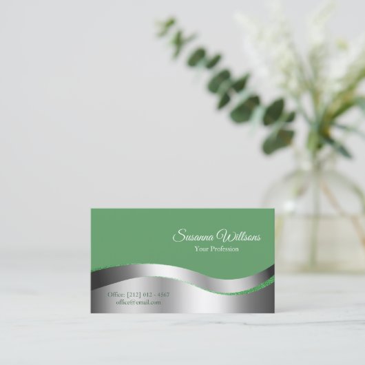 Shamrock Green Wavy Silver Decor met foto Visitekaartje (Staand voorkant)