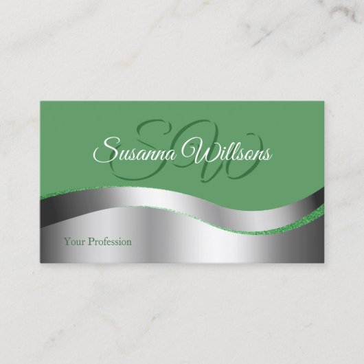 Shamrock Green Wavy Silver Decor met Initialen Visitekaartje (Voorkant)