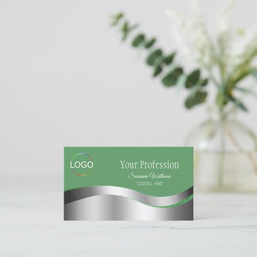 Shamrock Green Wavy Silver Decor met Logo Foto Visitekaartje (Staand voorkant)