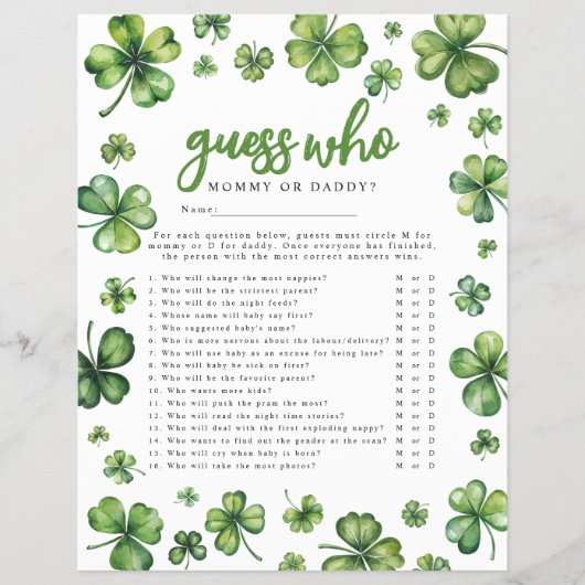 Shamrock 'Guess Who' Baby shower spel Flyer (Voorkant)