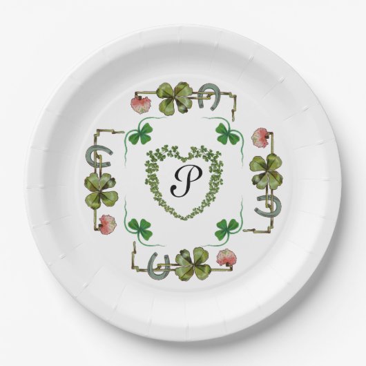 SHAMROCK HART,BLOEMEN,GROENE FLORALE MONOGRAM Wit Papieren Bordje (Voorkant)