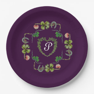 SHAMROCK HEART, FLOWER, GROENE MONOGRAM Paars Papieren Bordje