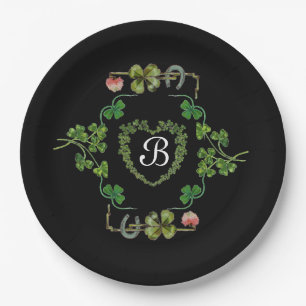 SHAMROCK HEART, FLOWERS, GROENE MONOGRAM Black Papieren Bordje