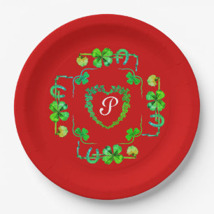 SHAMROCK HEART, FLOWERS, GROENE MONOGRAM Red P Papieren Bordje