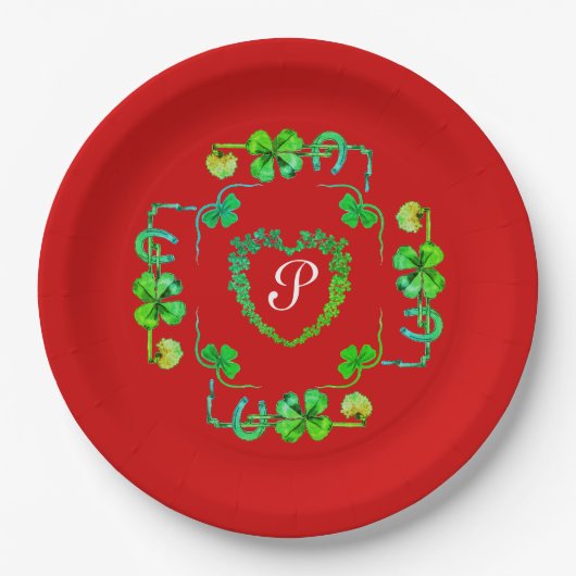 SHAMROCK HEART, FLOWERS, GROENE MONOGRAM Red P Papieren Bordje (Voorkant)