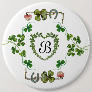 SHAMROCK HEART, FLOWERS, GROENE MONOGRAM White Ronde Button 6,0 Cm