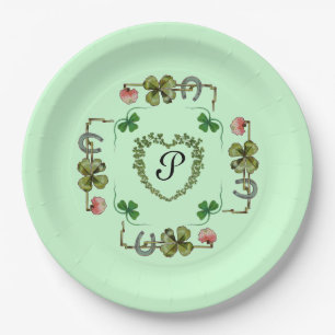 SHAMROCK HEART, PINK FLOWERS, GROENE MONOGRAM PAPIEREN BORDJE