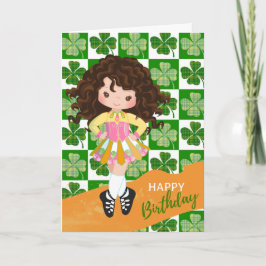 Shamrock Irish Dance Brunette Girl Birthday Kaart