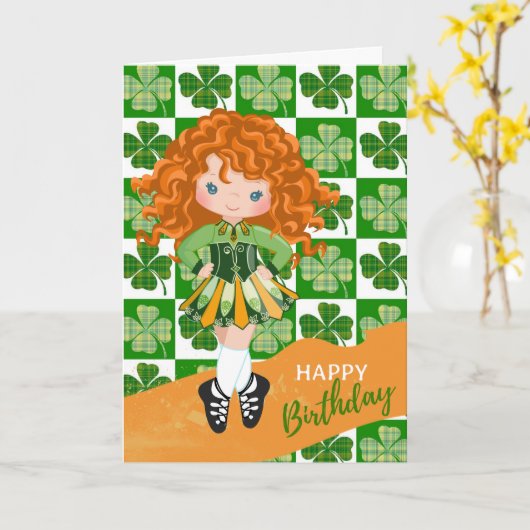 Shamrock Irish Dance Redhead Girl Birthday Kaart (Gele Bloem)