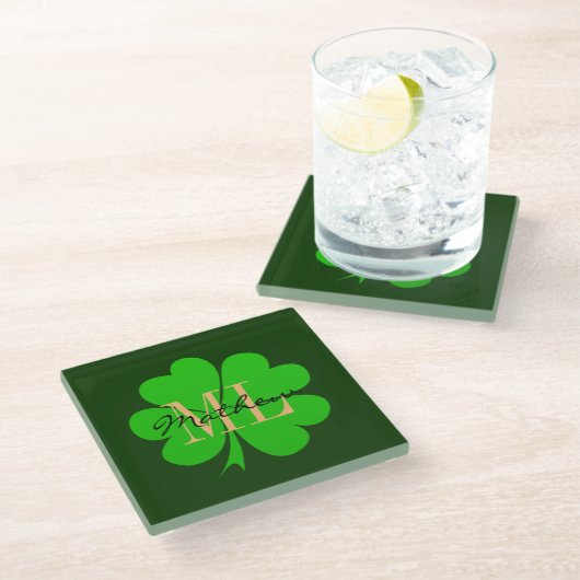 Shamrock & Lucky Clover leaf monogrammed/Irish G Glazen Onderzetter (Schuin)