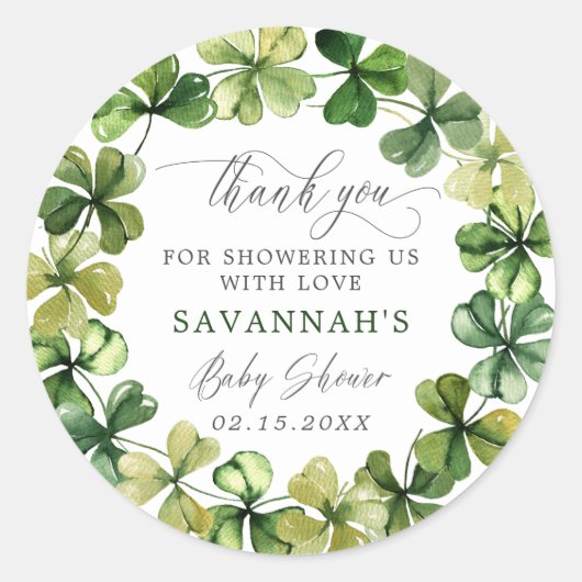 Shamrock Lucky Clover Spring Baby shower Dank u Ronde Sticker (Voorkant)