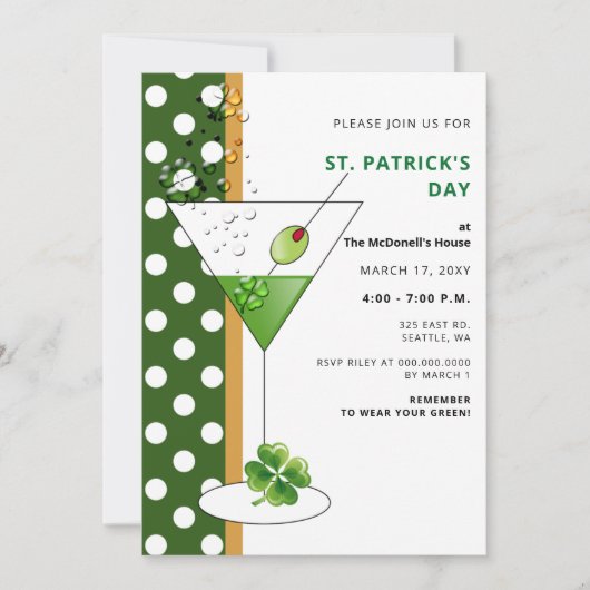 Shamrock martini St Patricks Day Party Invitation Kaart (Voorkant)