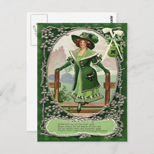  Shamrock Pipe Harp van Erin Gedicht St Patrick Briefkaart (Voorkant / Achterkant)