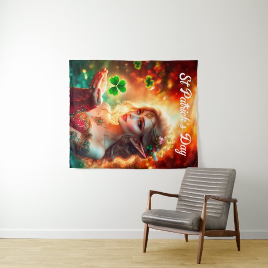 Shamrock pixie meisje groene klaver Ierland helder Wandkleed (In Situ (horizontaal))