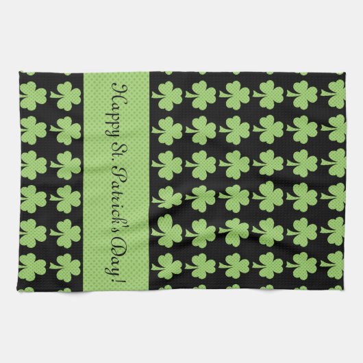 Shamrock Polka dot St Patrick Day Jouw tekst zwart Theedoek (Horizontaal)