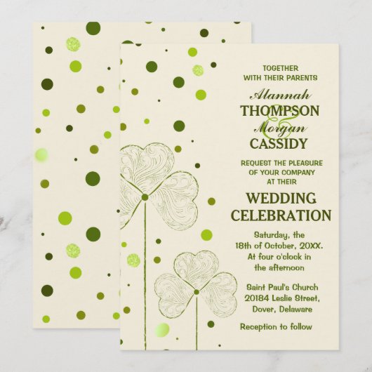 Shamrock Polka Dots Huwelijksuitnodiging Kaart (Voorkant / Achterkant)