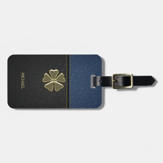 Shamrock St.Patrick's Day, Blue Black Leather Bagagelabel (Voorkant horizontaal)