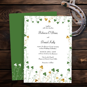Shamrock Wildflower Green Gold Elegant Wedding Kaart