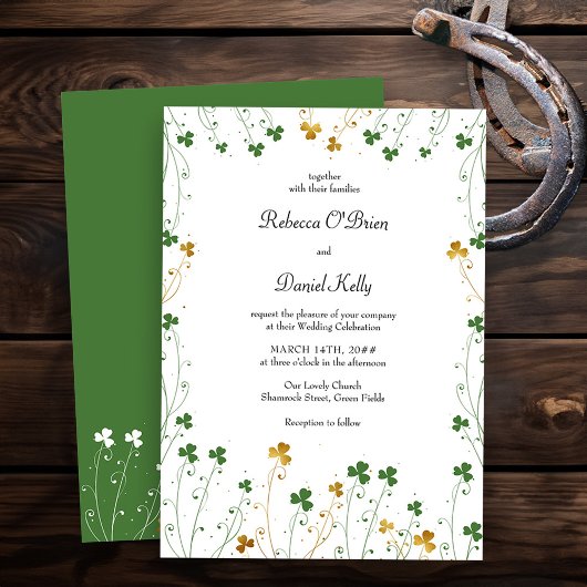 Shamrock Wildflower Green Gold Elegant Wedding Kaart