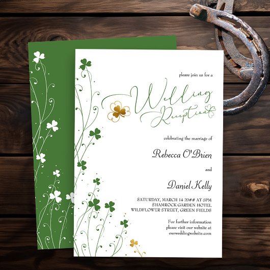 Shamrock Wildflower Green Gold Wedding Reception Kaart