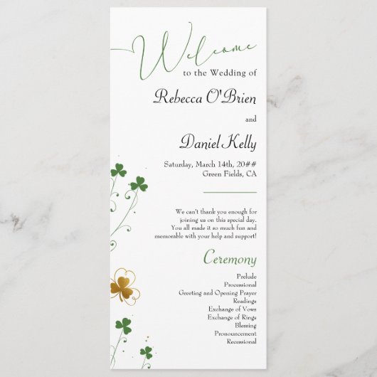 Shamrock Wildflower Groen en Goud Elegant Bruiloft Programmakaart (Voorkant)