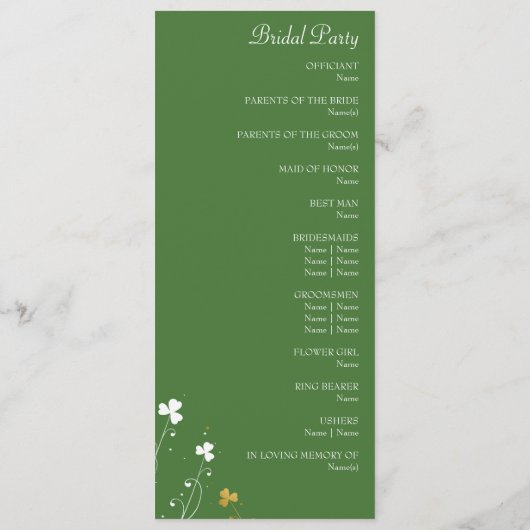 Shamrock Wildflower Groen en Goud Elegant Bruiloft Programmakaart (Achterkant)