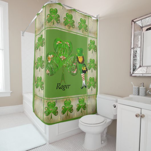 Shamrocks & een Leprechaun douchegordijn (In situ)