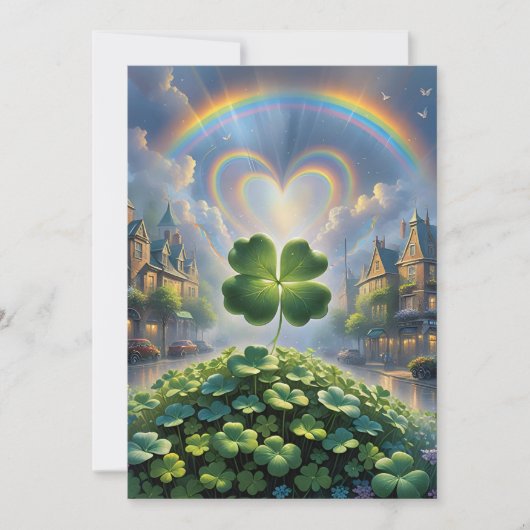 Shamrocks in een dorp met een regenboog in de luch feestdagenkaart (Voorkant)