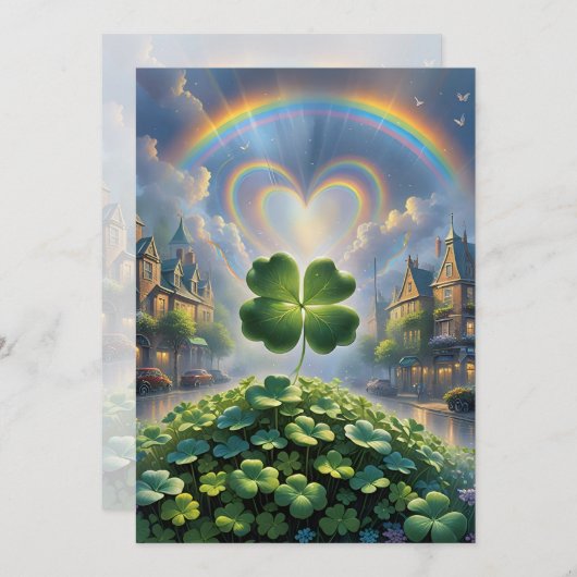 Shamrocks in een dorp met een regenboog in de luch feestdagenkaart (Voorkant / Achterkant)