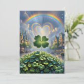 Shamrocks in een dorp met een regenboog in de luch feestdagenkaart (Staand voorkant)
