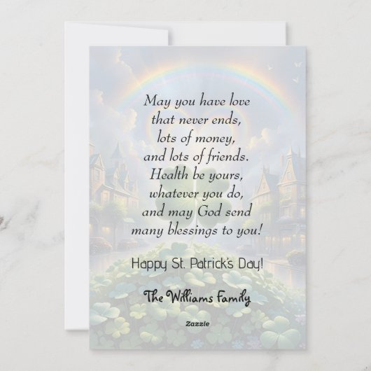 Shamrocks in een dorp met een regenboog in de luch feestdagenkaart (Achterkant)