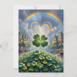 Shamrocks in een dorp met een regenboog in de luch feestdagenkaart