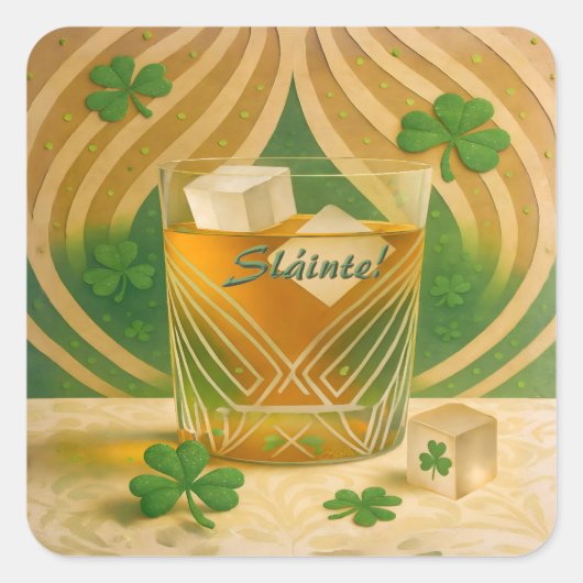 Shamrocks Irish Whiskey Tumbler "Sláinte!" Vierkante Sticker (Voorkant)