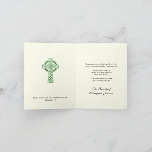 Shamrocks, katholieke Ierse Keltische Kruiscondole Bedankkaart (Binnen)