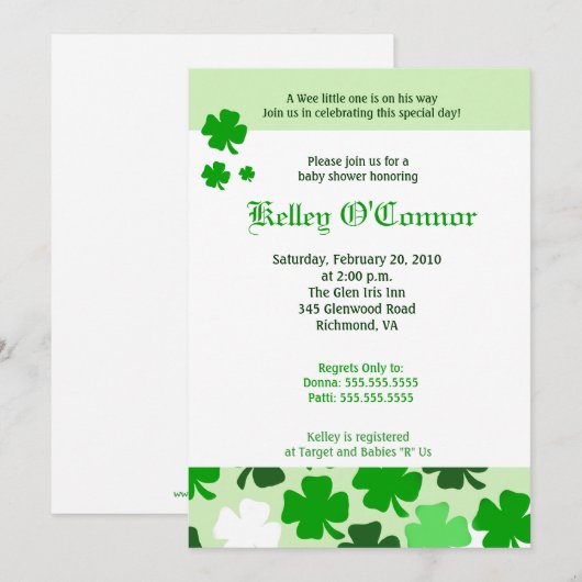 SHAMROCKS ST PATRICKS DAY GROEN Baby shower Kaart (Voorkant / Achterkant)