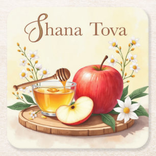 Shana Tova Rosh Hashanah Appel en Honingbloemen Kartonnen Onderzetters