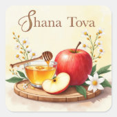 Shana Tova Rosh Hashanah Appel en Honingbloemen Vierkante Sticker (Voorkant)