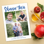 Shana Tova Rosh Hashanah Multi-Photo Holiday Foto Feestdagenkaart<br><div class="desc">Deze moderne Rosh Hashanah-fotokaart biedt een eenvoudige witte achtergrond met een modern kalligrafiescript in blauw. De groet aan de voorkant zegt "Shana Tova". Het past drie foto's (twee vierkant en één horizontaal) aan. Op de achterkant is er een coördinerende blauwe achtergrond die kan worden verwijderd of aangepast. Het Uiteinde van...</div>