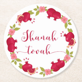 Shanah Tovah New Year Pomegranate Flower Wreath Ronde Kartonnen Onderzetter