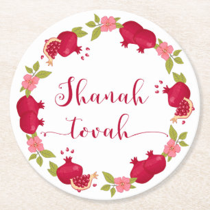 Shanah Tovah New Year Pomegranate Flower Wreath Ronde Kartonnen Onderzetter