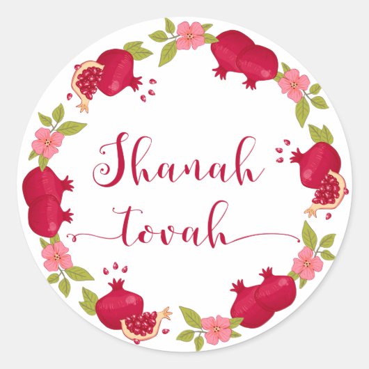 Shanah Tovah New Year Pomegranate Flower Wreath Ronde Sticker (Voorkant)
