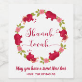 Shanah Tovah New Year Pomegranate Flower Wreath Wijn Etiket (Enkel label)