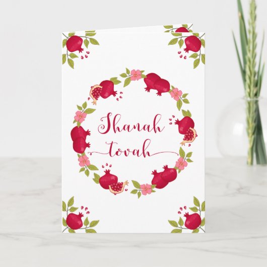 Shanah Tovah Nieuwjaar Granaatappel Bloemenkrans Feestdagen Kaart (Voorkant)